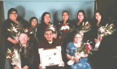 The winners of the 2015 Outstanding Cree Women Awards. (Back row, left to right) Melissa Whiskeychan, Juliet Asquabaneskum, Angela Stewart-Georgekish, Carmen Faries, Kerishia Jolly, and Babbey Jane Happyjack. (Front row) Eva Whiskeychan, Elder Robbie Matthew, and Dorothy Gilpin. (Absent from the photo are award winners Janie Pachano and Sophie Shem).